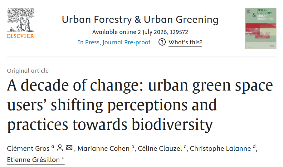 Lire la suite à propos de l’article Parution d&rsquo;un article sur l&rsquo;évolution des perceptions de la nature et de la biodiversité à Paris
